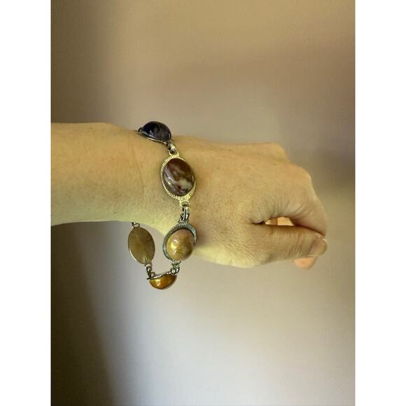 Sterling Silver Link Purple Stichtite Gemstone Bracelet Toggle Clasp Vtg Western - Picture 1 of 16